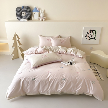 91家纺网 家纺一手货源 找家纺 时亿家居 2025新款100支长绒棉小清新四件套-梦幻蝴蝶结 梦幻蝴蝶结-草莓芝士