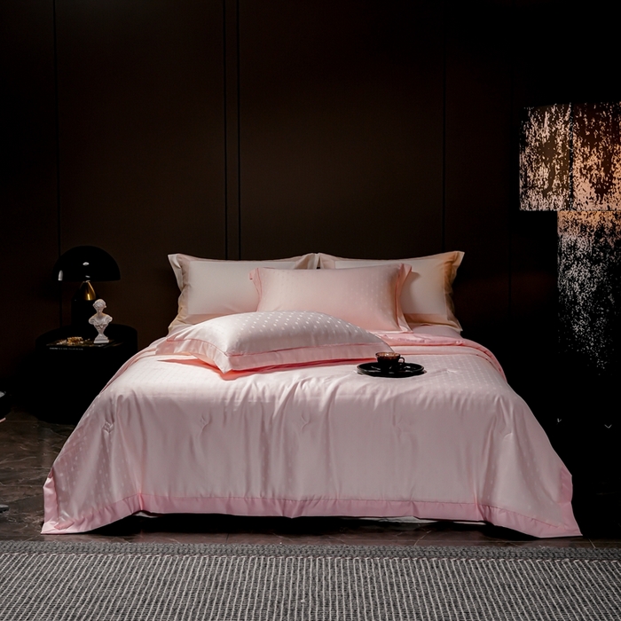 91家纺网 家纺一手货源 找家纺 2025新款格利亚天丝提花夏被四件套 格子-粉