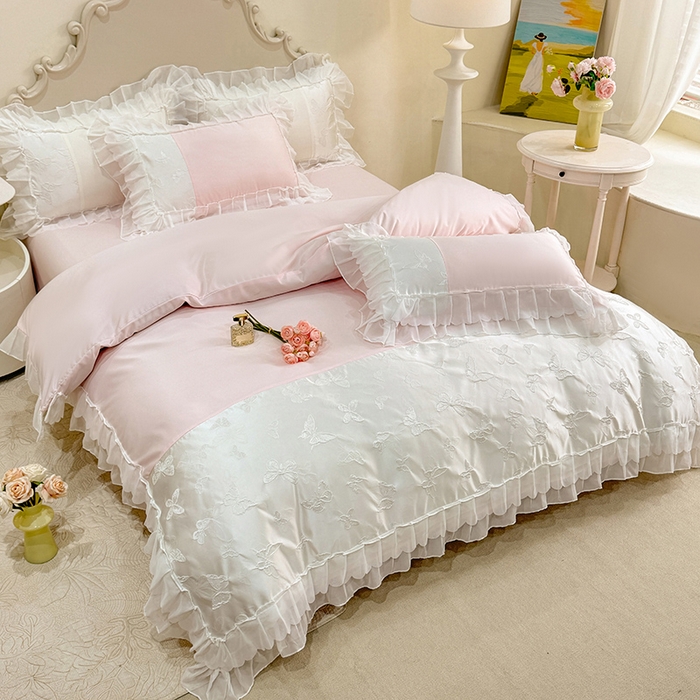 91家纺网 家纺一手货源 找家纺 艾米家居 2025新款韩版双层花边轻奢浮雕系列水洗冰丝四件套 粉花边