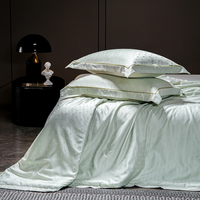 91家纺网 家纺一手货源 找家纺 2025新款格利亚天丝提花夏被四件套 格子-绿