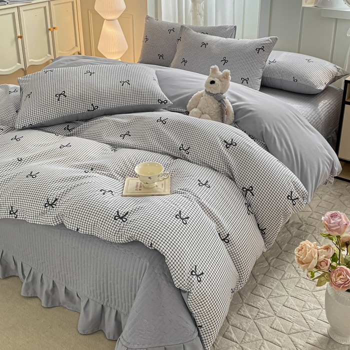 91家纺网 家纺一手货源 找家纺 仟网汇 2025新款针织双层纱床盖四件套 格韵