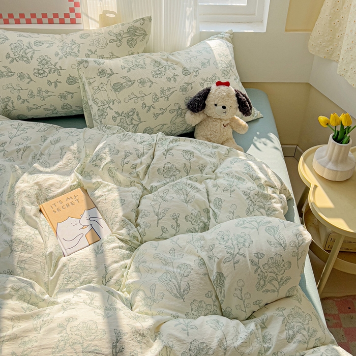 91家纺网 家纺一手货源 找家纺 暖芯优选 2025新款加厚云感棉双层纱四件套小碎花被套床单床笠款学生三件套新款直播热款 海像森林