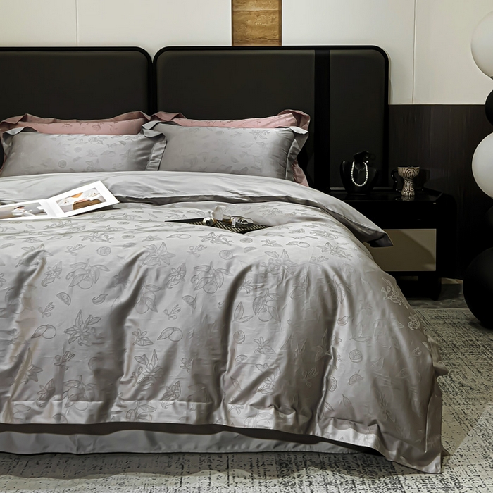 91家纺网 家纺一手货源 找家纺 金昱纺 2025新款50双股100支长绒棉贡缎提花高定四件套 浅夏时光-黎明灰