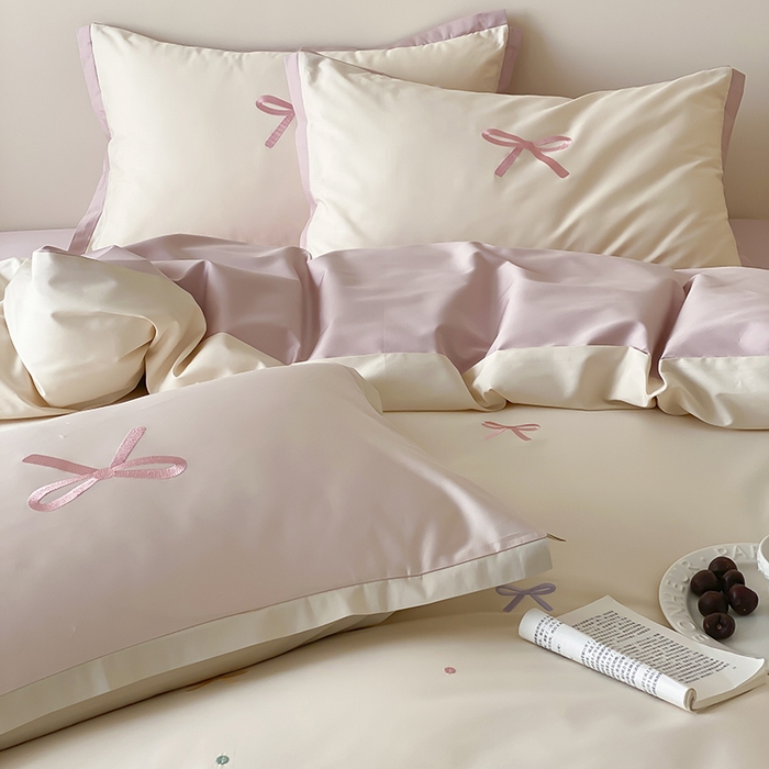 91家纺网 家纺一手货源 找家纺 时亿家居 2025新款100支长绒棉小清新四件套-梦幻蝴蝶结 梦幻蝴蝶结-奶油慕斯