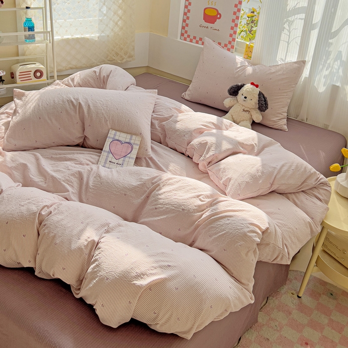 91家纺网 家纺一手货源 找家纺 暖芯优选 2025新款加厚云感棉双层纱四件套小碎花被套床单床笠款学生三件套新款直播热款 倾心-紫