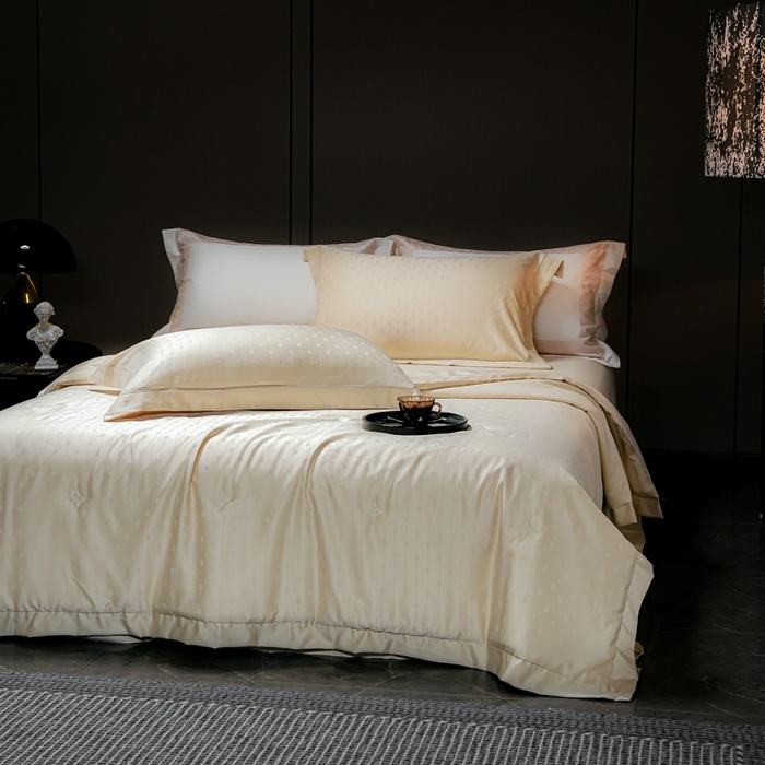 91家纺网 家纺一手货源 找家纺 2025新款格利亚天丝提花夏被四件套 格子-黄