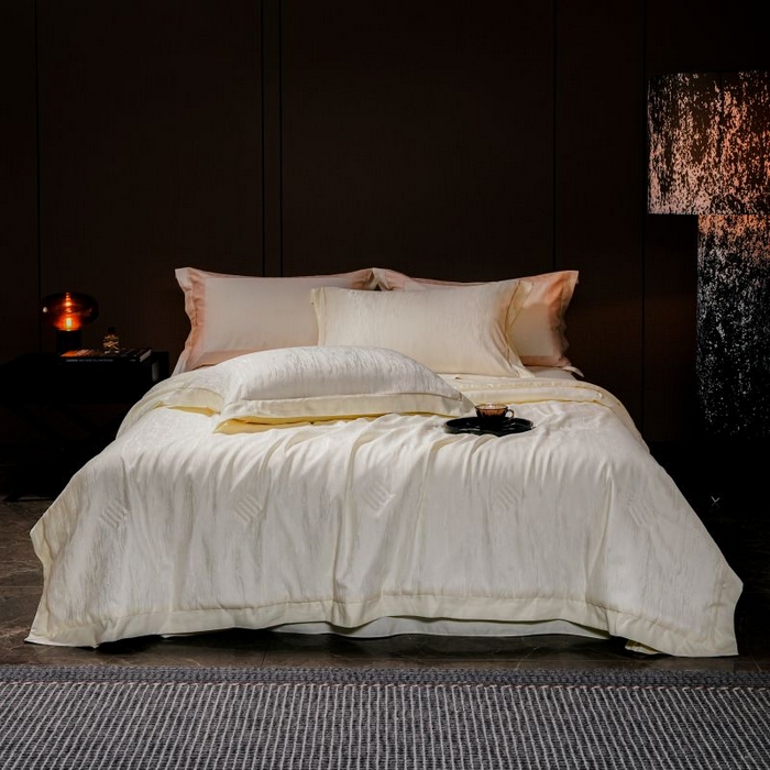 91家纺网 家纺一手货源 找家纺 丽卡家纺 2025新款翡丽天丝提花夏被四件套 石纹-黄