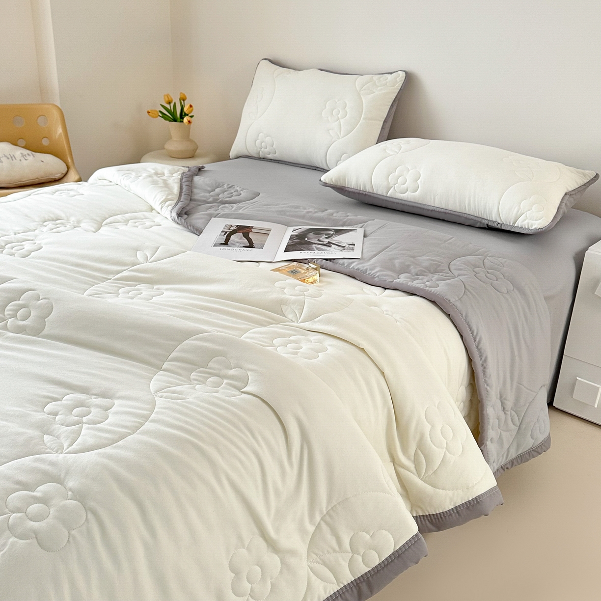 91家纺网 家纺一手货源 找家纺 芙绣家纺 2025新款针织棉绗缝夏被-莫奈花园 莫奈花园-奶白