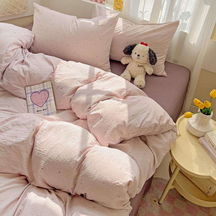 91家纺网 家纺一手货源 找家纺 暖芯优选 2025新款加厚云感棉双层纱四件套小碎花被套床单床笠款学生三件套新款直播热款 倾心-紫