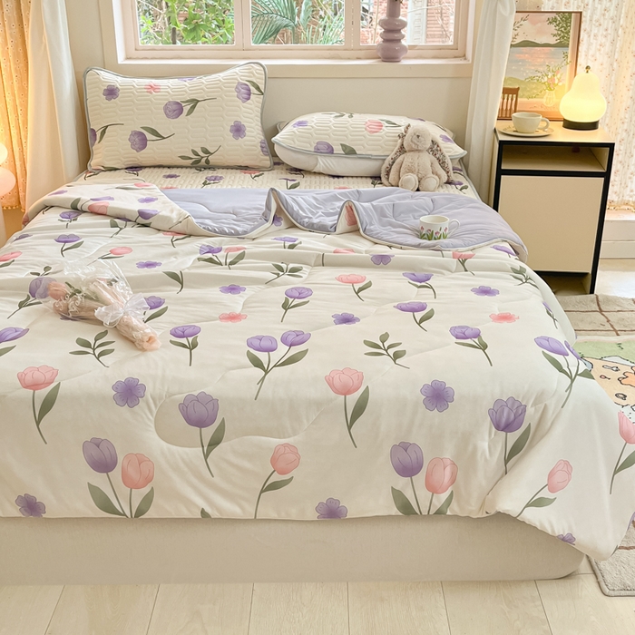 91家纺网 家纺一手货源 找家纺 维洋家纺 2025（专版花型）A类凉感丝夏被 凉感夏凉被双面加倍透气（四周踩棉） 郁金香