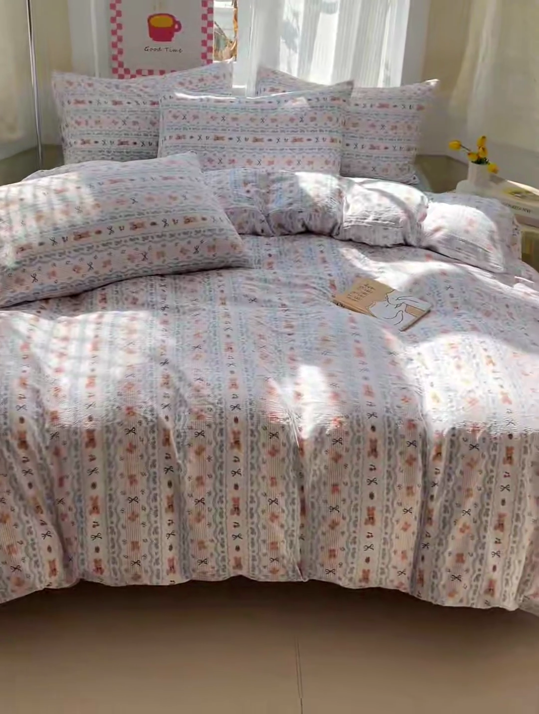 91家纺网 家纺一手货源 找家纺 暖芯优选 2025新款加厚云感棉双层纱四件套小碎花被套床单床笠款学生三件套新款直播热款 他和她的兔