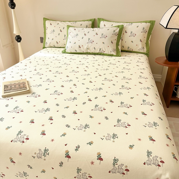 91家纺网 家纺一手货源 找家纺 蓝邻家纺 2025新款100%新疆原棉粗布小清新拼角工艺款系列单床单 花枝兔