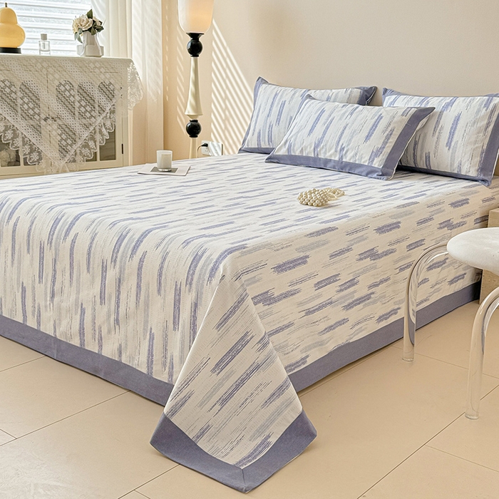 91家纺网 家纺一手货源 找家纺 蓝邻家纺 2025新款100%新疆原棉粗布小清新拼角工艺款系列单床单 辰浠-蓝