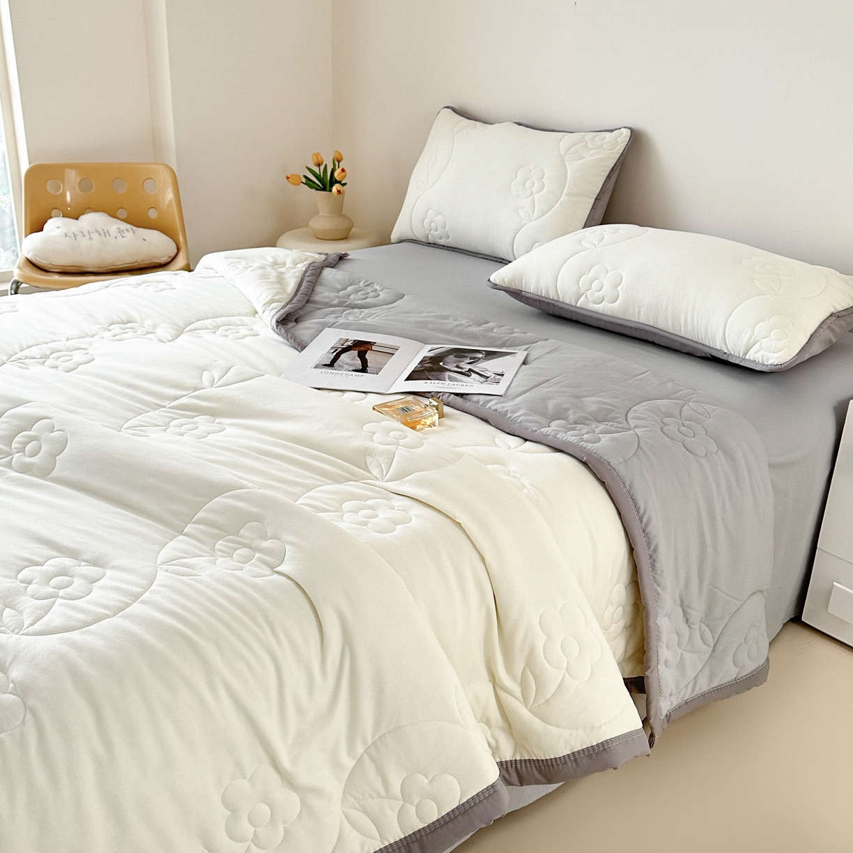 91家纺网 家纺一手货源 找家纺 芙绣家纺 2025新款针织棉绗缝夏被-莫奈花园 莫奈花园-奶白