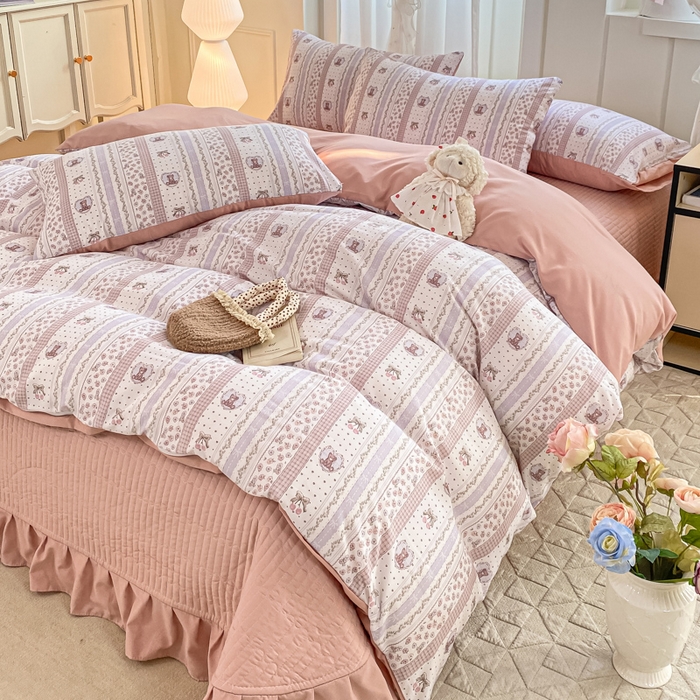 91家纺网 家纺一手货源 找家纺 仟网汇 2025新款针织双层纱床盖四件套 格林童话