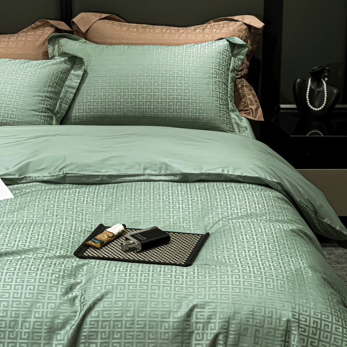 91家纺网 家纺一手货源 找家纺 金昱纺 2025新款50双股100支长绒棉贡缎提花高定四件套 纪梵希-绿