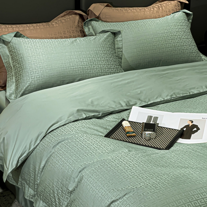 91家纺网 家纺一手货源 找家纺 金昱纺 2025新款50双股100支长绒棉贡缎提花高定四件套 纪梵希-绿