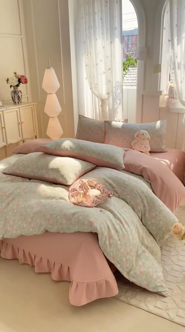 91家纺网 家纺一手货源 找家纺 仟网汇 2025新款针织双层纱床盖四件套 海盐薄荷