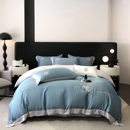 91家纺网 家纺一手货源 找家纺 博纳家纺 2025新款莱赛尔天丝刺绣花四件套--甜馨系列 宾利蓝