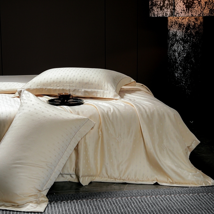 91家纺网 家纺一手货源 找家纺 2025新款格利亚天丝提花夏被四件套 格子-黄