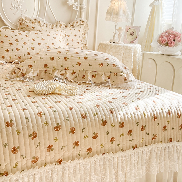 91家纺网 家纺一手货源 找家纺 麒豆豆 2025新款全棉印花双层纱床盖 蘑菇力