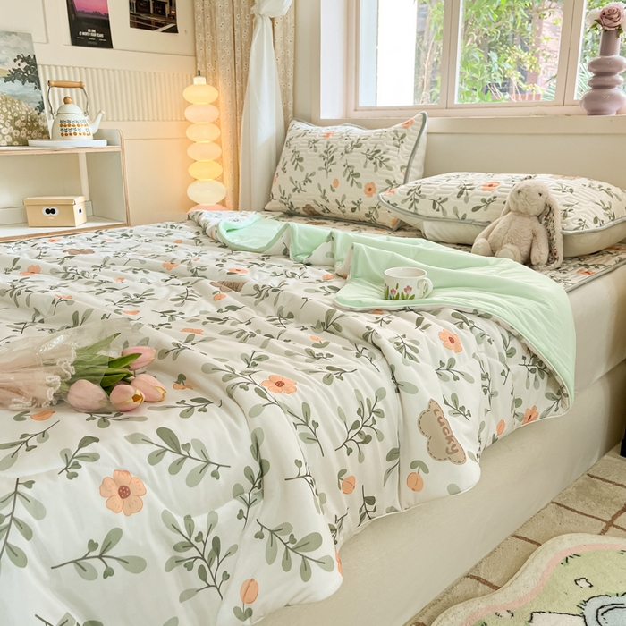 91家纺网 家纺一手货源 找家纺 维洋家纺 2025（专版花型）A类凉感丝夏被 凉感夏凉被双面加倍透气（四周踩棉） 青柠