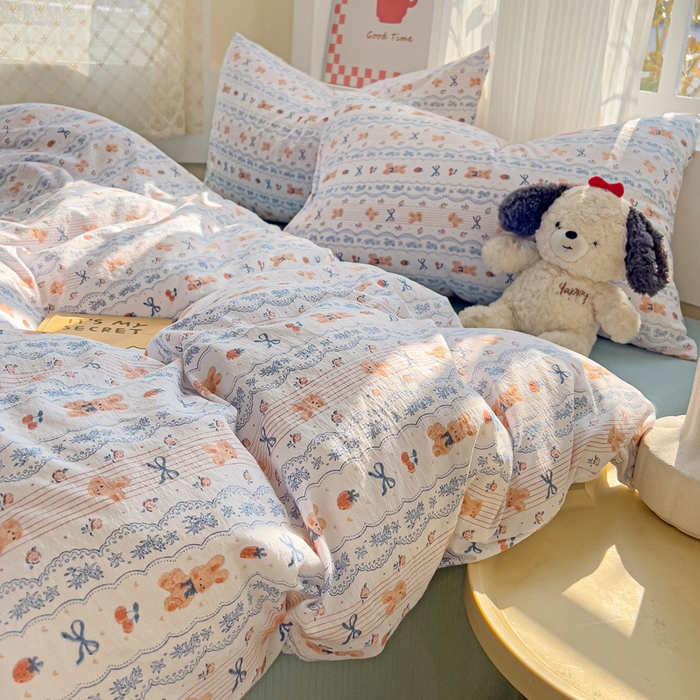 91家纺网 家纺一手货源 找家纺 暖芯优选 2025新款加厚云感棉双层纱四件套小碎花被套床单床笠款学生三件套新款直播热款 他和她的兔