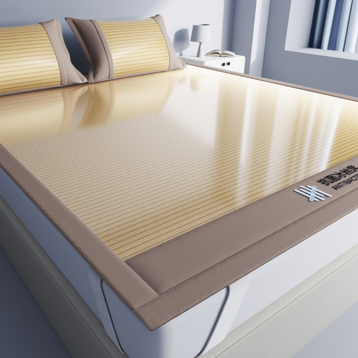 91家纺网 家纺一手货源 找家纺 2025新款抗菌凉席可折叠空调席条纹三明治冰丝席防滑床笠款 抗菌冰凉席-凉茶咖（床席）