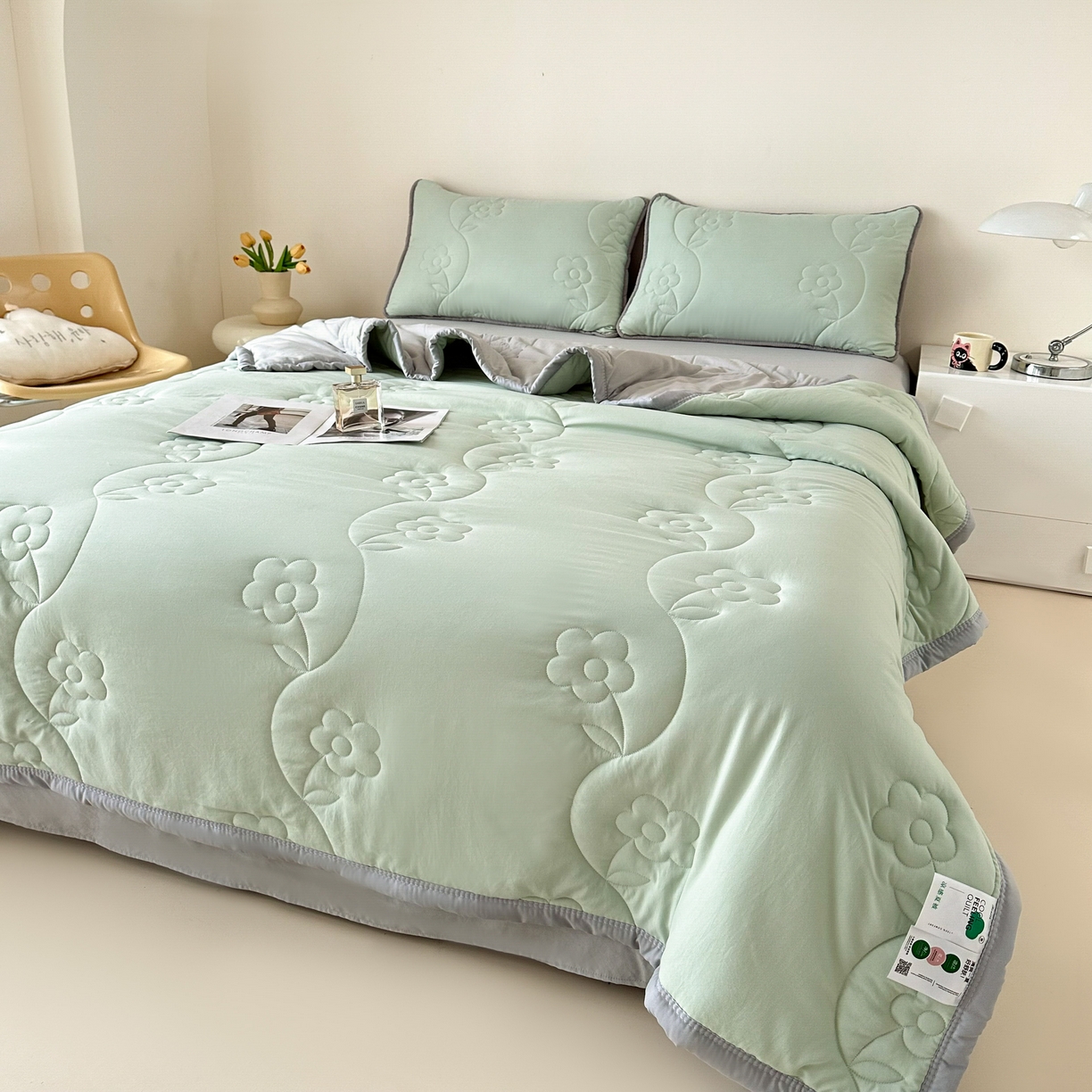 91家纺网 家纺一手货源 找家纺 芙绣家纺 2025新款针织棉绗缝夏被-莫奈花园 莫奈花园-艾绿