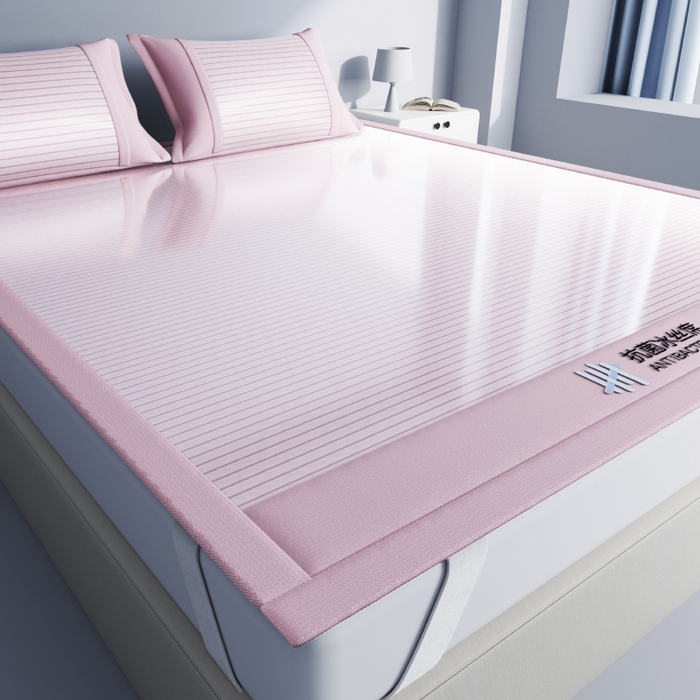 91家纺网 家纺一手货源 找家纺 2025新款抗菌凉席可折叠空调席条纹三明治冰丝席防滑床笠款 抗菌冰凉席-凉茶粉（床席）