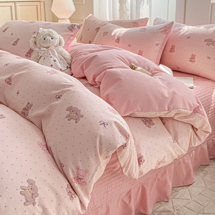 91家纺网 家纺一手货源 找家纺 仟网汇 2025新款针织双层纱床盖四件套 萌萌熊