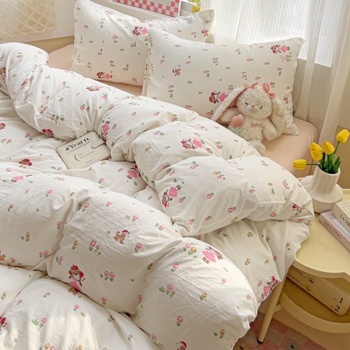 91家纺网 家纺一手货源 找家纺 暖芯优选 2025新款加厚云感棉双层纱四件套小碎花被套床单床笠款学生三件套新款直播热款 蜜糖之恋