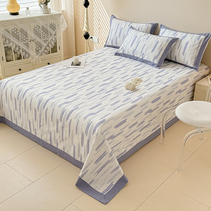 91家纺网 家纺一手货源 找家纺 蓝邻家纺 2025新款100%新疆原棉粗布小清新拼角工艺款系列单床单 辰浠-蓝