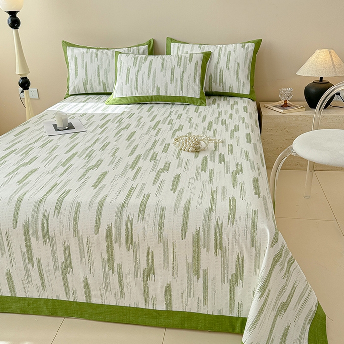 91家纺网 家纺一手货源 找家纺 蓝邻家纺 2025新款100%新疆原棉粗布小清新拼角工艺款系列单床单 辰浠-绿