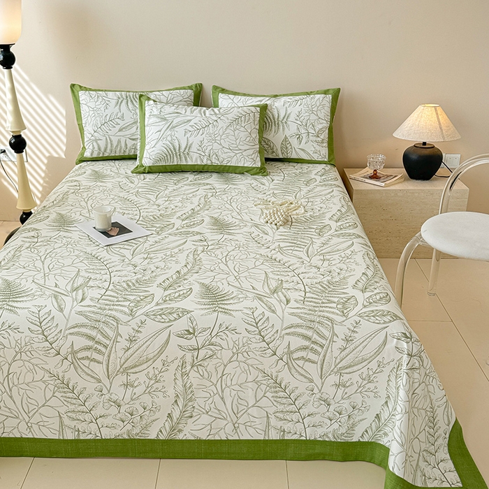 91家纺网 家纺一手货源 找家纺 蓝邻家纺 2025新款100%新疆原棉粗布小清新拼角工艺款系列单床单 雨棠-绿