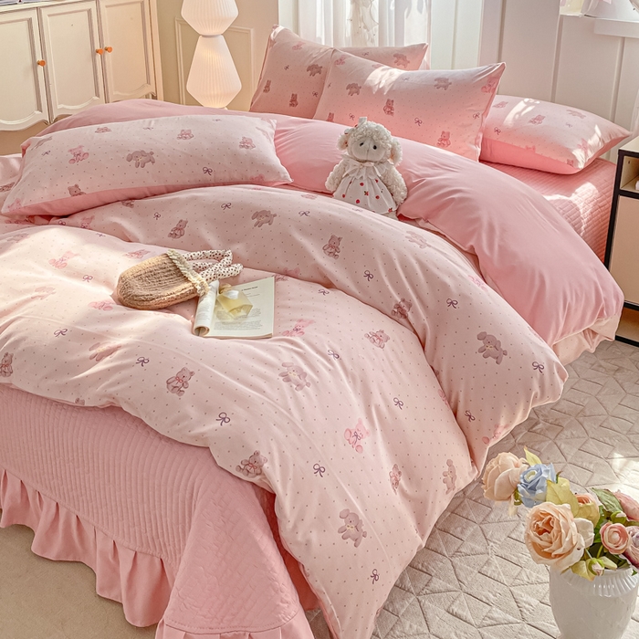 91家纺网 家纺一手货源 找家纺 仟网汇 2025新款针织双层纱床盖四件套 萌萌熊