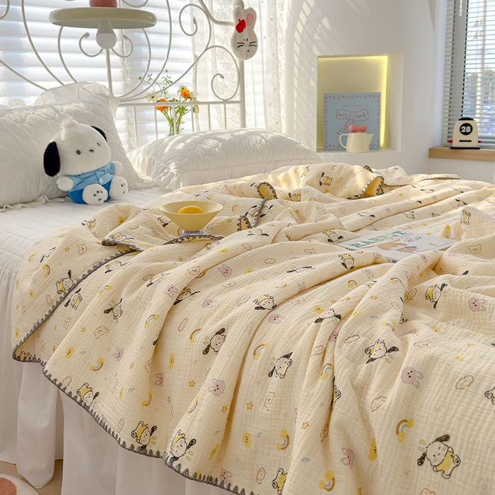 91家纺网 家纺一手货源 找家纺 芯恋 2025新款母婴级全棉皱皱纱儿童被双层纱夏被 霓虹小狗