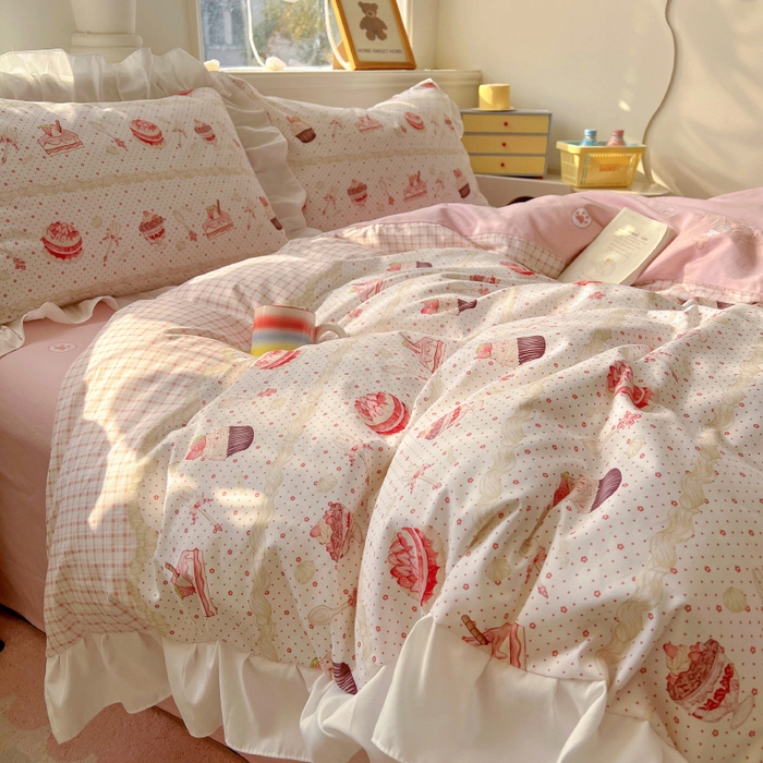 91家纺网 家纺一手货源 找家纺 浩诚 2025新款洛丽塔纯棉花边款四件套 甜点兔子