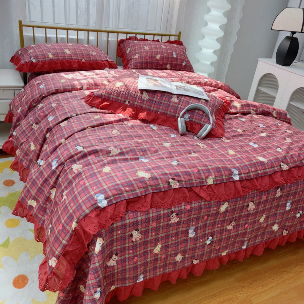 91家纺网 家纺一手货源 找家纺 暖居 2025春夏款高温砂洗棉花床盖三件套被套四件套同款纯棉夏被空调被四季 新年红