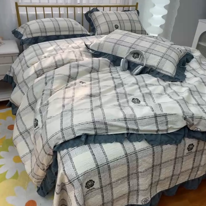 91家纺网 家纺一手货源 找家纺 暖居 2025春夏款高温砂洗棉花床盖三件套被套四件套同款纯棉夏被空调被四季 小香