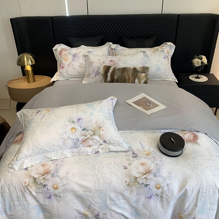 91家纺网 家纺一手货源 找家纺 莱豫家纺 2025新款50支长绒棉数码印花四件套 花胭晚桥