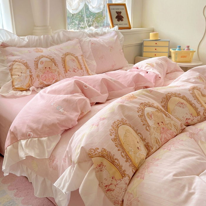 91家纺网 家纺一手货源 找家纺 浩诚 2025新款洛丽塔纯棉花边款四件套 芭蕾小熊-粉