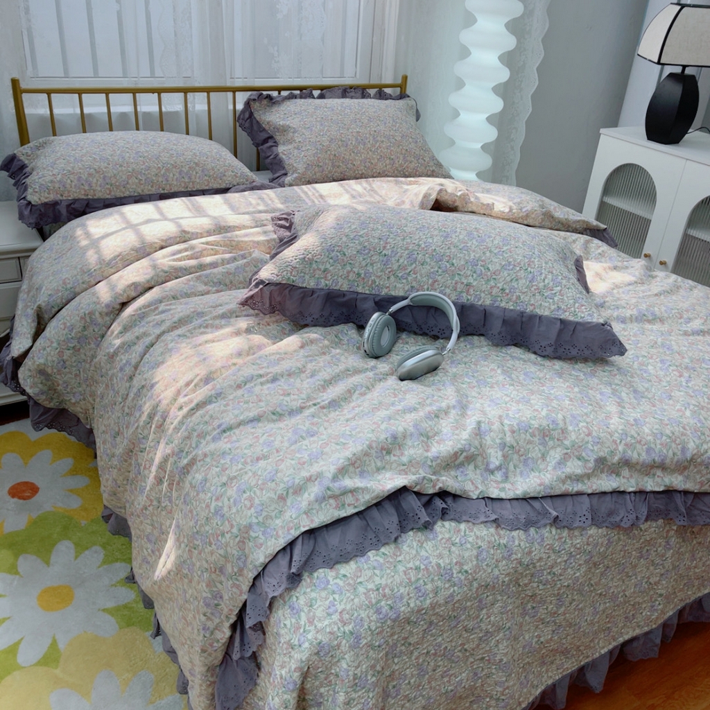 91家纺网 家纺一手货源 找家纺 暖居 2025春夏款高温砂洗棉花床盖三件套被套四件套同款纯棉夏被空调被四季 紫韵