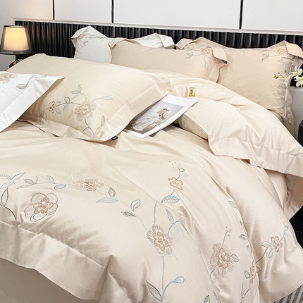 2025新款春夏新款A类长绒棉全工艺刺绣四件套纯棉全棉轻奢风直播高端床上用品 蔓艺-奶杏