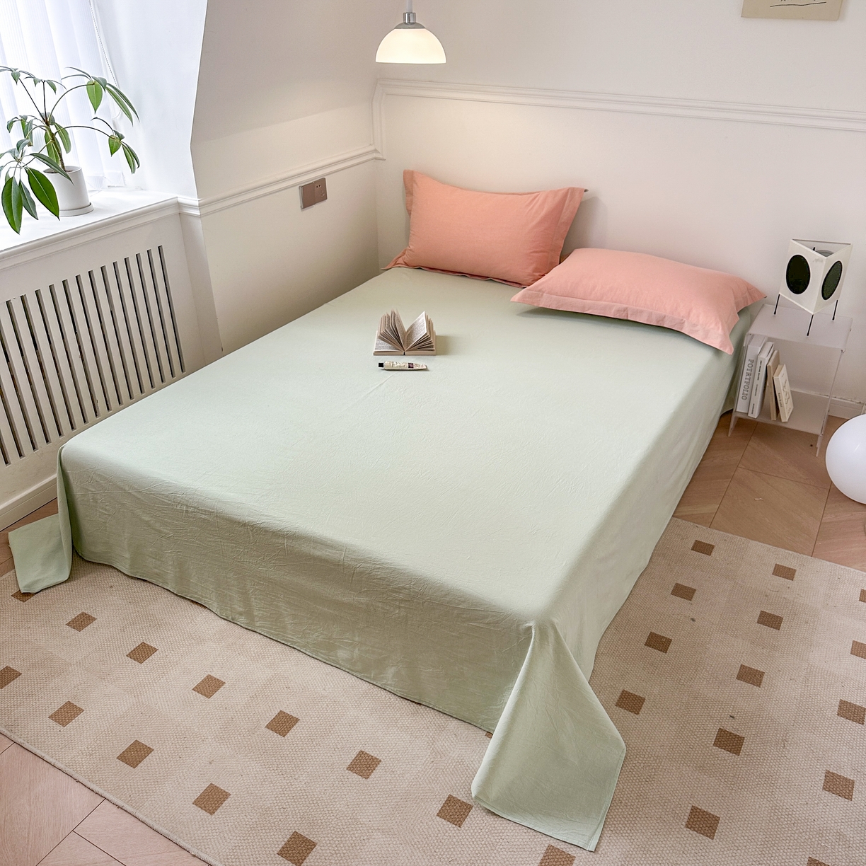 91家纺网 家纺一手货源 找家纺 嘉汀兰家居  2025新款A类母婴级有氧全棉色织水洗棉小清新印花床单单品单床单床单单件 薄荷绿