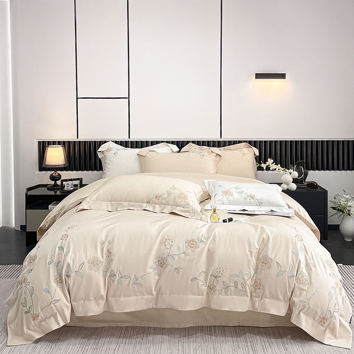 91家纺网 家纺一手货源 找家纺 2025新款春夏新款A类长绒棉全工艺刺绣四件套纯棉全棉轻奢风直播高端床上用品 蔓艺-奶杏