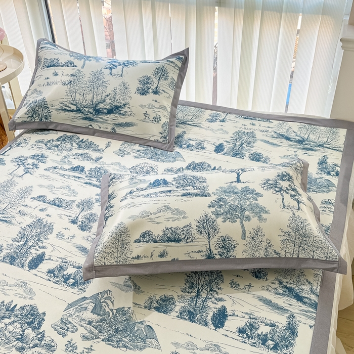 91家纺网 家纺一手货源 找家纺 川悦生活 2025新款600D立体宽边冰丝印花凉席 复古欧庭-蓝