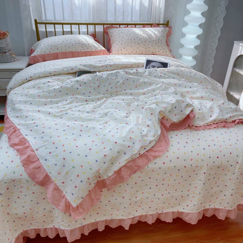 91家纺网 家纺一手货源 找家纺 暖居 2025春夏款高温砂洗棉花床盖三件套被套四件套同款纯棉夏被空调被四季 彩色波点