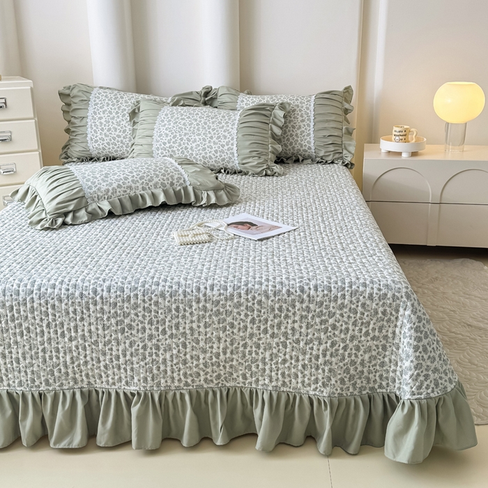 91家纺网 家纺一手货源 找家纺 晨晨 2025春夏新款针织双层纱韩版床盖四件套 茉莉青提