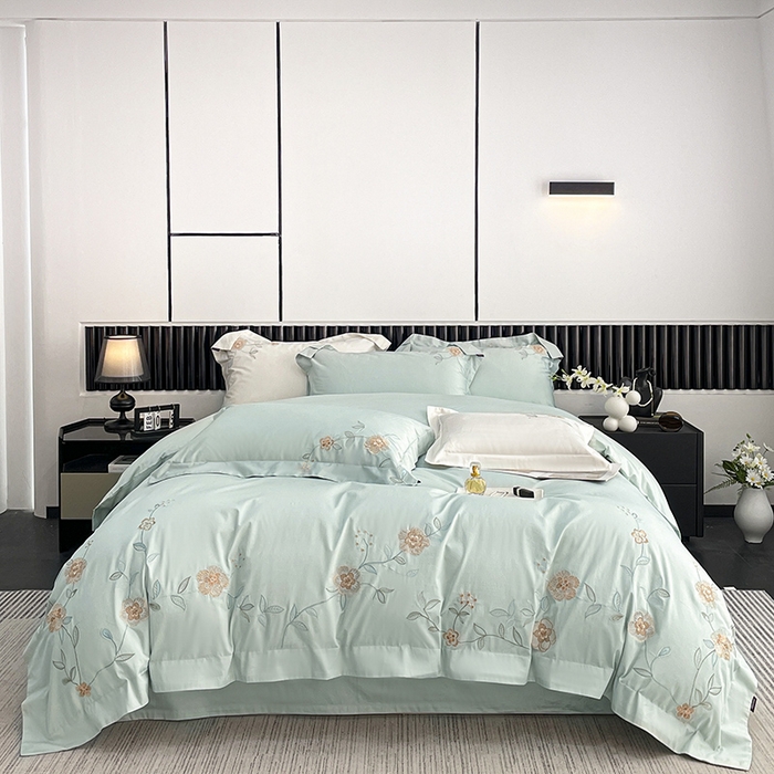 91家纺网 家纺一手货源 找家纺 2025新款春夏新款A类长绒棉全工艺刺绣四件套纯棉全棉轻奢风直播高端床上用品 蔓艺-茶绿